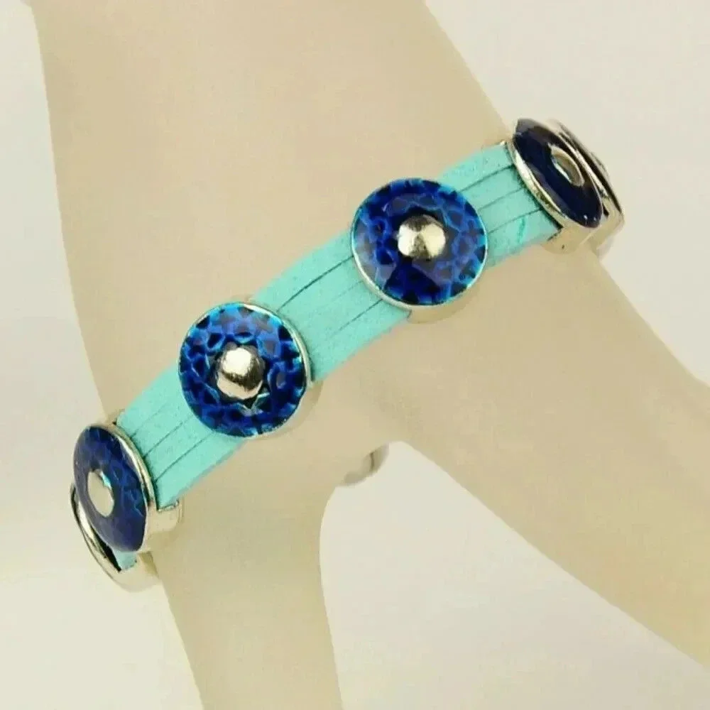 Handcrafted Blue Cyan Enamel Slide Charms Vegan Suede Magnetic Clasp Bracelet